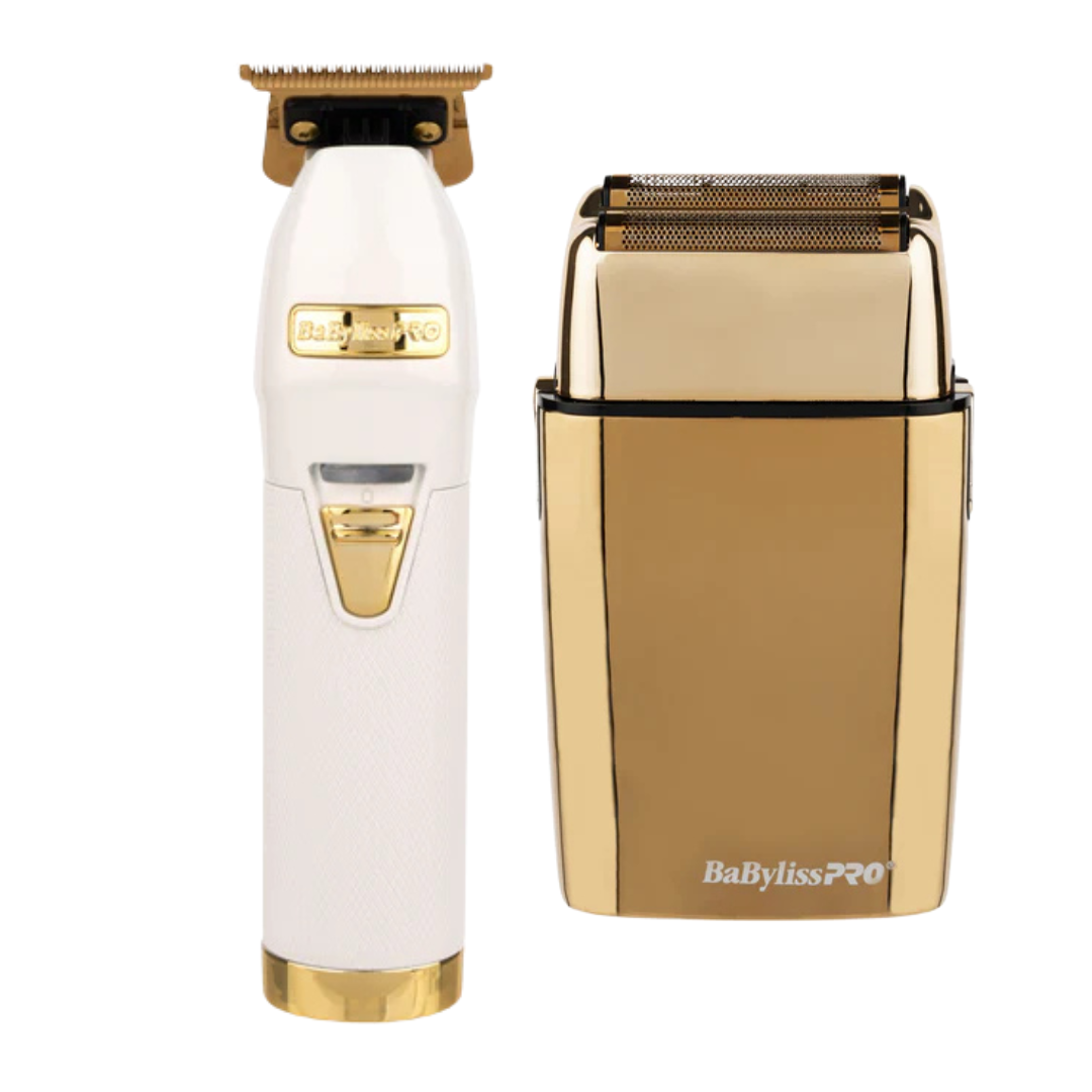 BabylissPRO WhiteFX Skeleton Lithium Hair Trimmer and Gold FX02 Double Foil Shaver